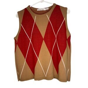 Vintage Karen Lessly Brown Red Acrylic Argyle Sweater Vest Women's Petite Medium